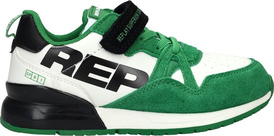 Witte sneaker met groene suède accenten en zwarte details. "REP" in grote zwarte letters op de zijkant.