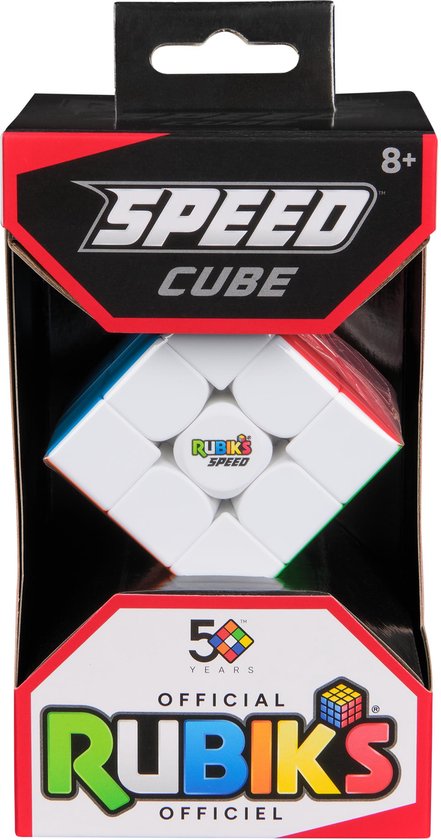 Rubik's Speed Cube in verpakking, met logo 'The Official Rubik's' en '50 Years'.