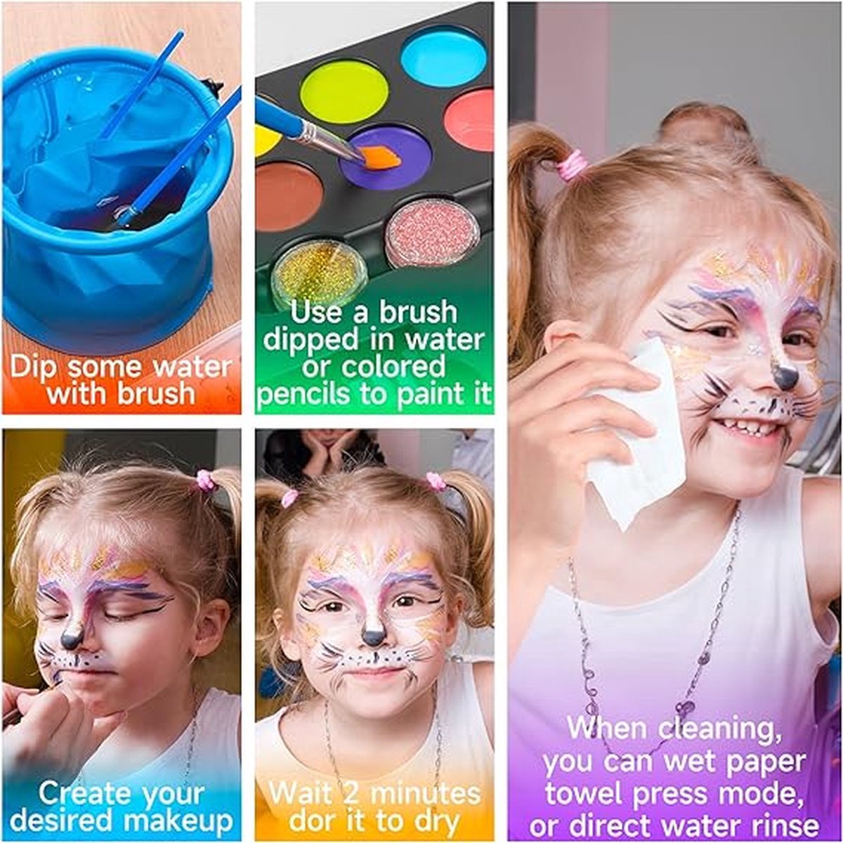Meedeer Schminkset Kinderen-Schminkset-Make up Kinderen-20 kleuren & 3 penselen - Grime schmink op waterbasis — afbeelding 6