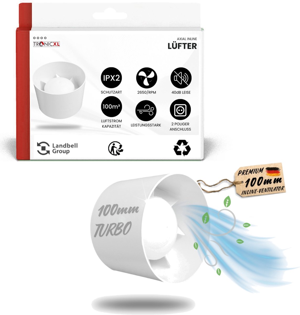 TronicXL 100 mm Ingebouwde Badkamerventilator - Inline afvoer en toevoerlucht ventilator - axiale kanaalafzuigventilator - pijpventilator - badkamer – keuken - kelder - wit
