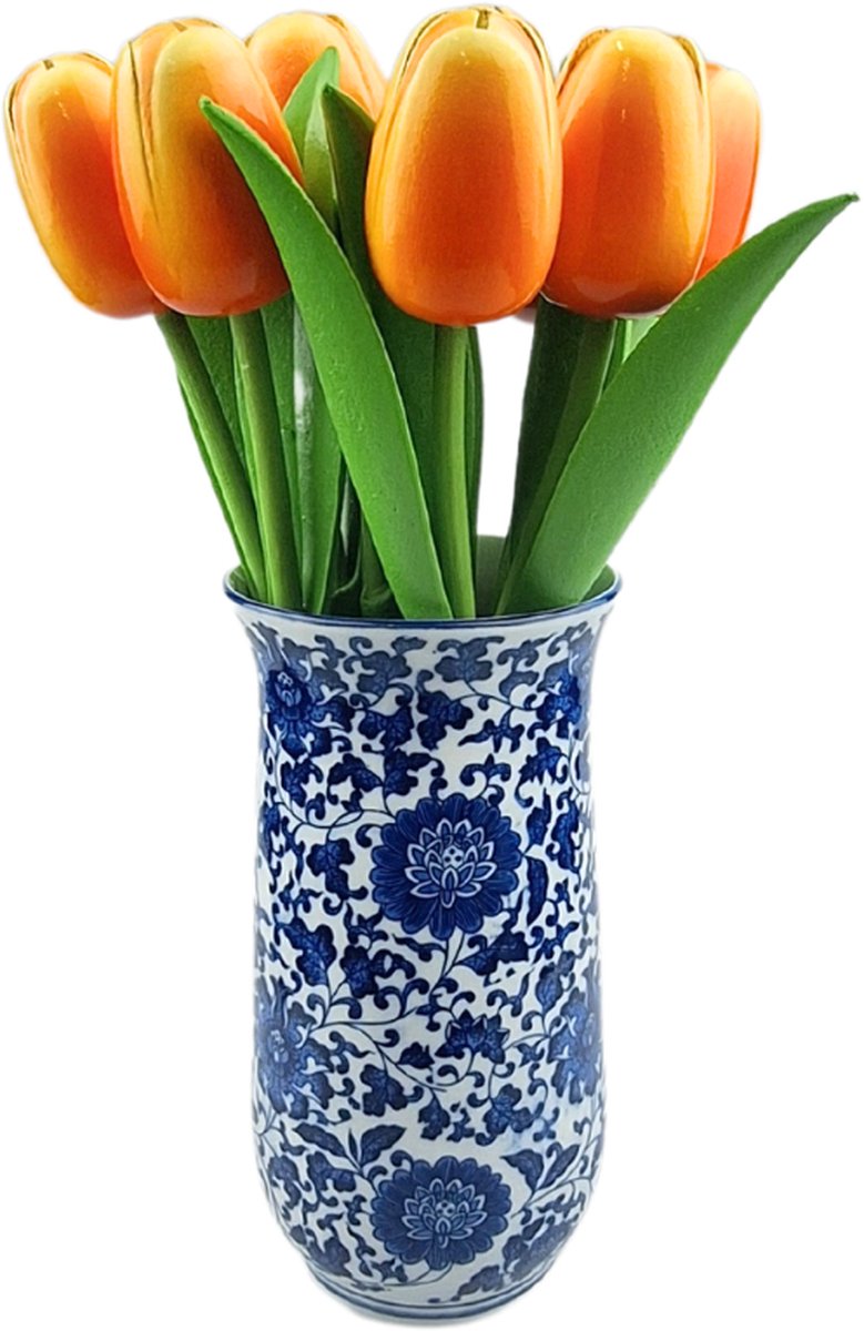 Delftsblauwe vaas met 10 tulpen in kleur oranje/wit (hoogte 34cm)
