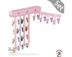 Borvat® - Droogrek - aan de muur gemonteerd - opvouwbaar kledingrek - afneembare clips - kledinghaak - waslijn - Roze - Set
