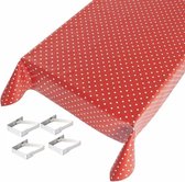 Buiten tafelkleed/tafelzeil rood polkadot 140 x 170 cm met 4 tafelkleedklemmen - Tuintafelkleed tafeldecoratie