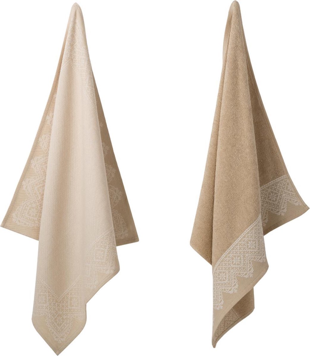 FILU Theedoeken 4-pack Beige/Wit Gestreept - 100% Katoen Keukendoeken 45x70 Cm | Stijlvol En Absorberend
