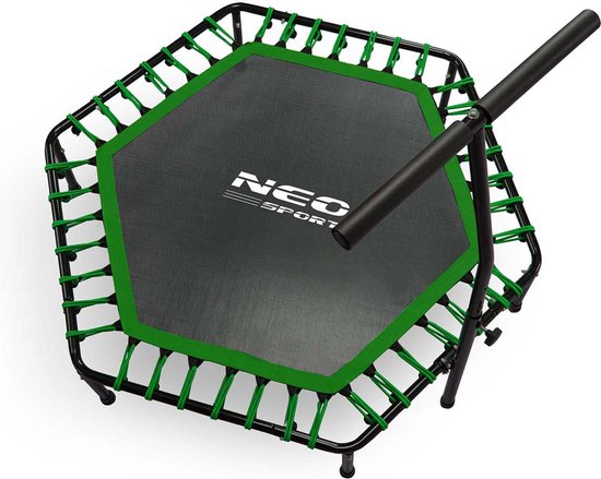 Zeshoekige fitness trampoline met zwart springvlak, groen touw en diagonaal geplaatst T-bar handvat.