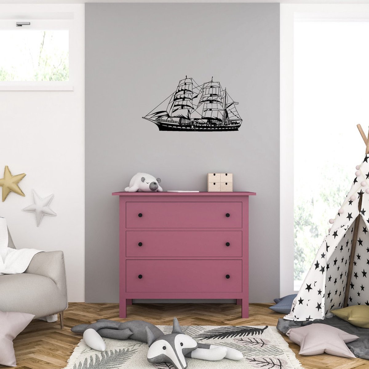 Muursticker - Schip - 58 x 104 - Zwart