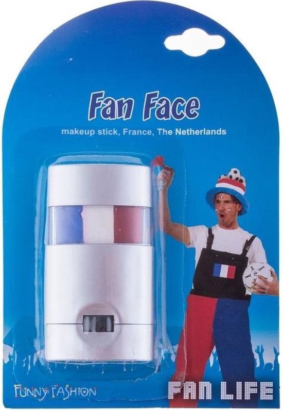 Fan Face makeup stick, Frankrijk, Nederland. Wandelend figuur met Nederlandse vlag op hoed en kraag.