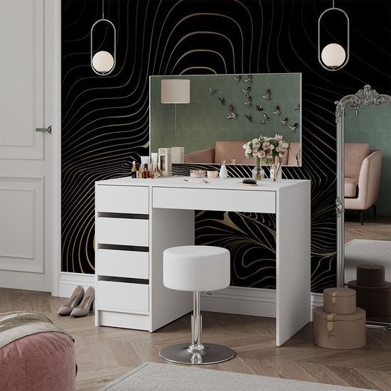 Coiffeuse Vicco Emma – Table Maquillage Blanc + Miroir + Tabouret