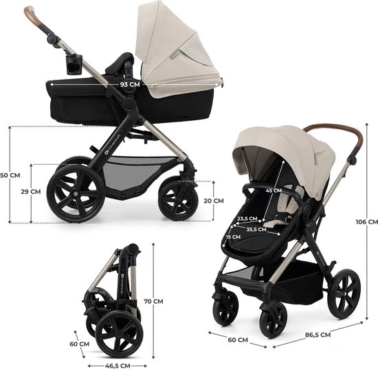 Afmetingen van de Kinderkraft MOOV 2 kinderwagen, reiswieg en zitje.
