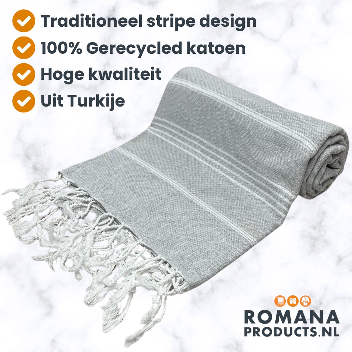 Romana Products Stripe Hamamdoek - Baddoek - Strandlaken - Saunalaken - 100cm x 180cm - Lichtgrijs