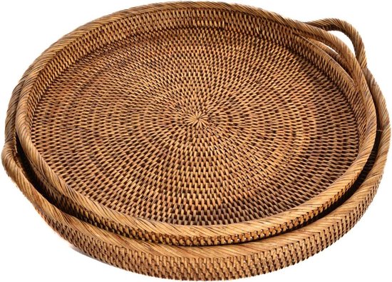 H&H Vassoio Rotondo In Rattan Naturale Con Manici – Diametro 46 Cm, Altezza 5 Cm, Stile Eco-Friendly