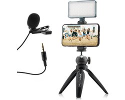 MOJOGEAR Video KIT / vlog set - Mini-statief + telefoonhouder + microfoon + videolamp - Tot 20 cm hoog - Telefoon tripod - Horizontaal en verticaal filmen - Zwart