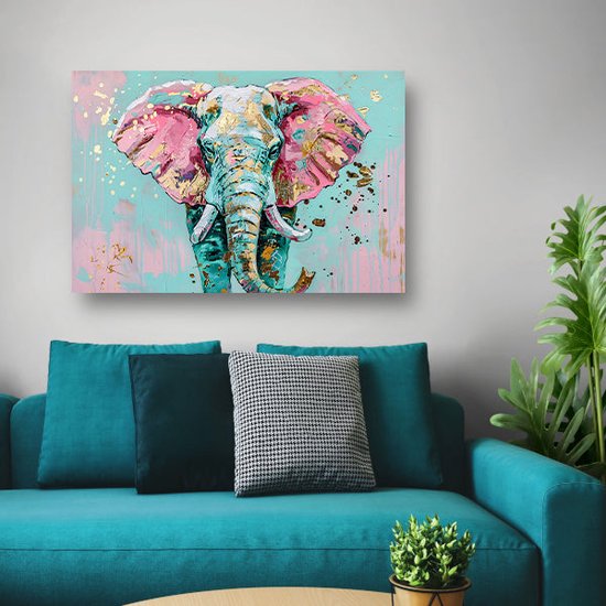 Olifant portret - Dieren schilderijen - Canvas schilderij Spetters - Wanddecoratie landelijk - Canvas keuken - Woonkamer accessoires canvas 70x50 cm