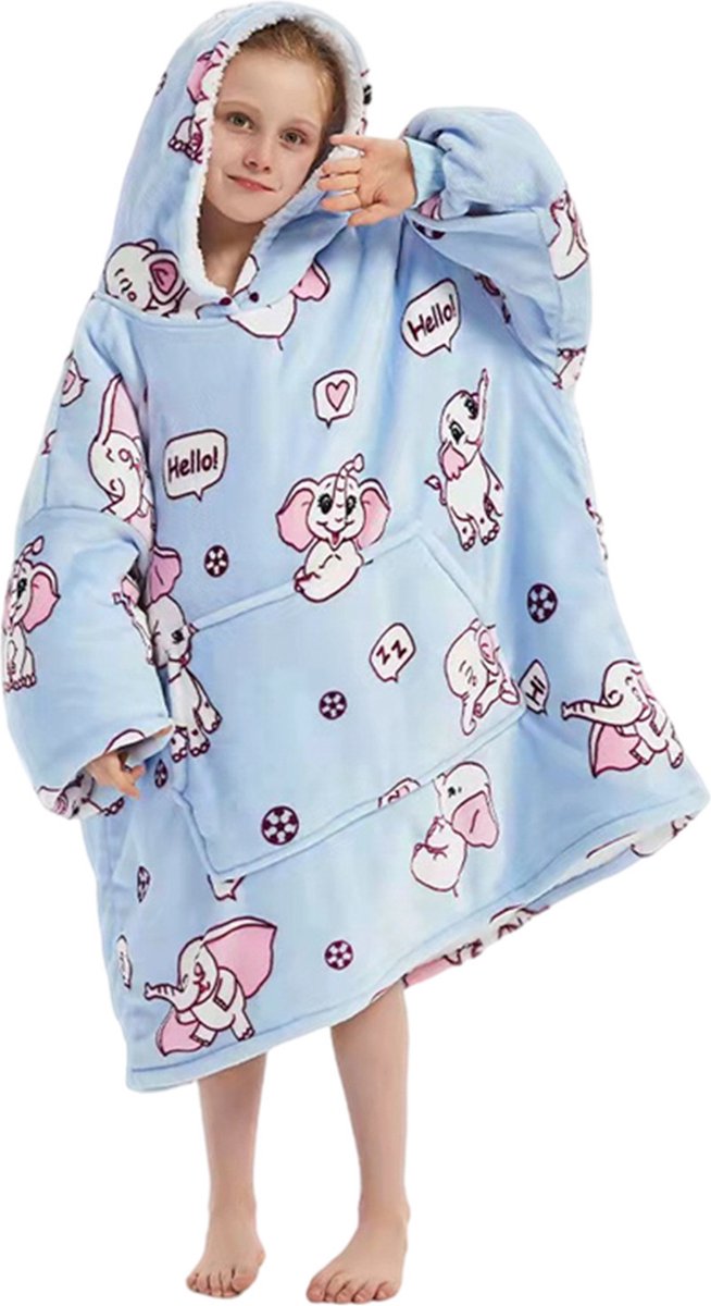 Hoodie Deken Kind - Deken met Mouwen voor Kinderen - super zacht - Fleece Deken met Mouwen - 134 t/m 164 (ca. 8-14 jaar) - Olifant