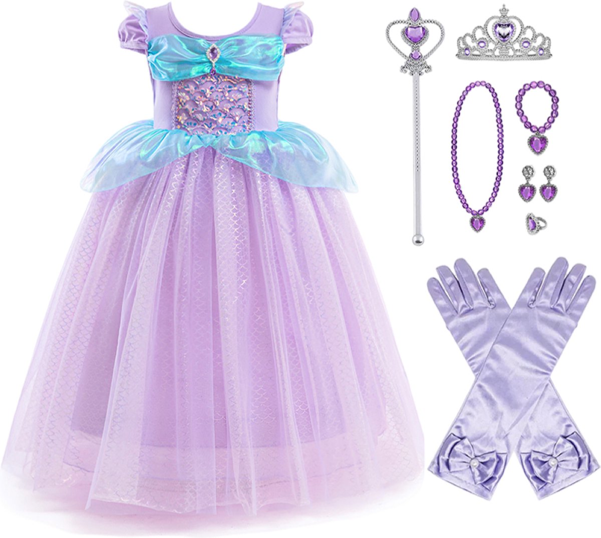 Prinsessenjurk meisje - Zeemeermin jurk - 92/98 - Carnavalskleding kind - Zeemeermin verkleedkleren -Toverstaf - Tiara - Handschoenen - Paars