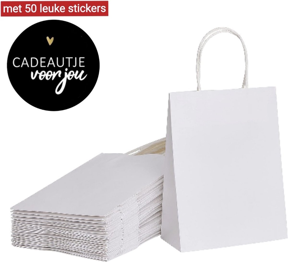 50 x papieren draagtassen Van Witte Kraftpapier Met Gevlochten Oren 18x8x22cm en stickers cadeautje voor jou / Kraft Papieren Tasjes Met Handvat/ Cadeautasjes met gedraaid handgrepen / Zakjes/
