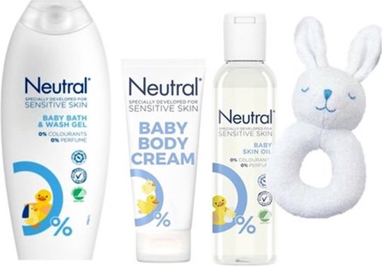 Foto: Neutral baby set wasgel huidolie bodycreme jollein rammelaar