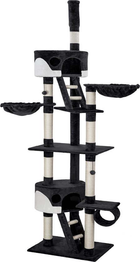 tectake® Kattenkrabpaal | Kattenpaal XXL | Plafondhoge Krabpaal, in Hoogte Verstelbaar van 243-260 cm | Klimboom met Trap, Grot, Buis, Ligstoel en Sisalzuil - Zwart/wit