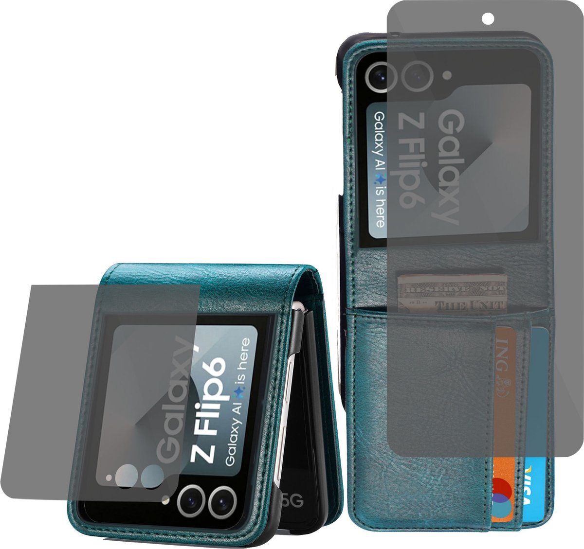 Book Case Hoesje voor Samsung Galaxy Z Flip 6 / Flip 7 FE - Hoesje + Privacy Screenprotector – Privé - Beschermglas Folie - Privé GuardCover - Flip Hoes Cover - Portemonnee Turquoise