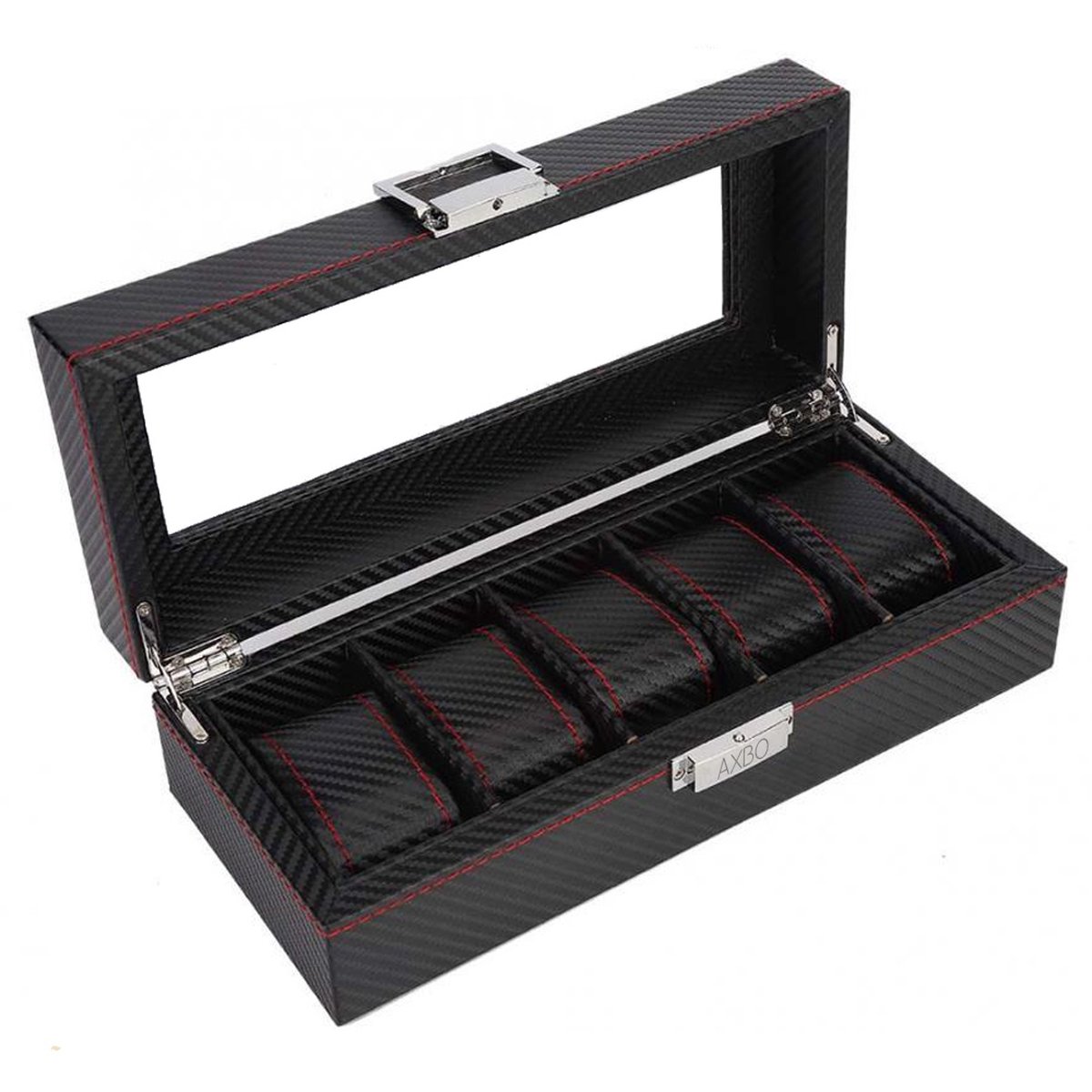 Luxe Horloge Doos - Opbergdoos - 6 Vakken - Sieradendoos - Kist - Ferrari - Carbon Fiber look - Verwijderbaar Kussens - Watch Box - Leder - Leer - Zwart - Rood