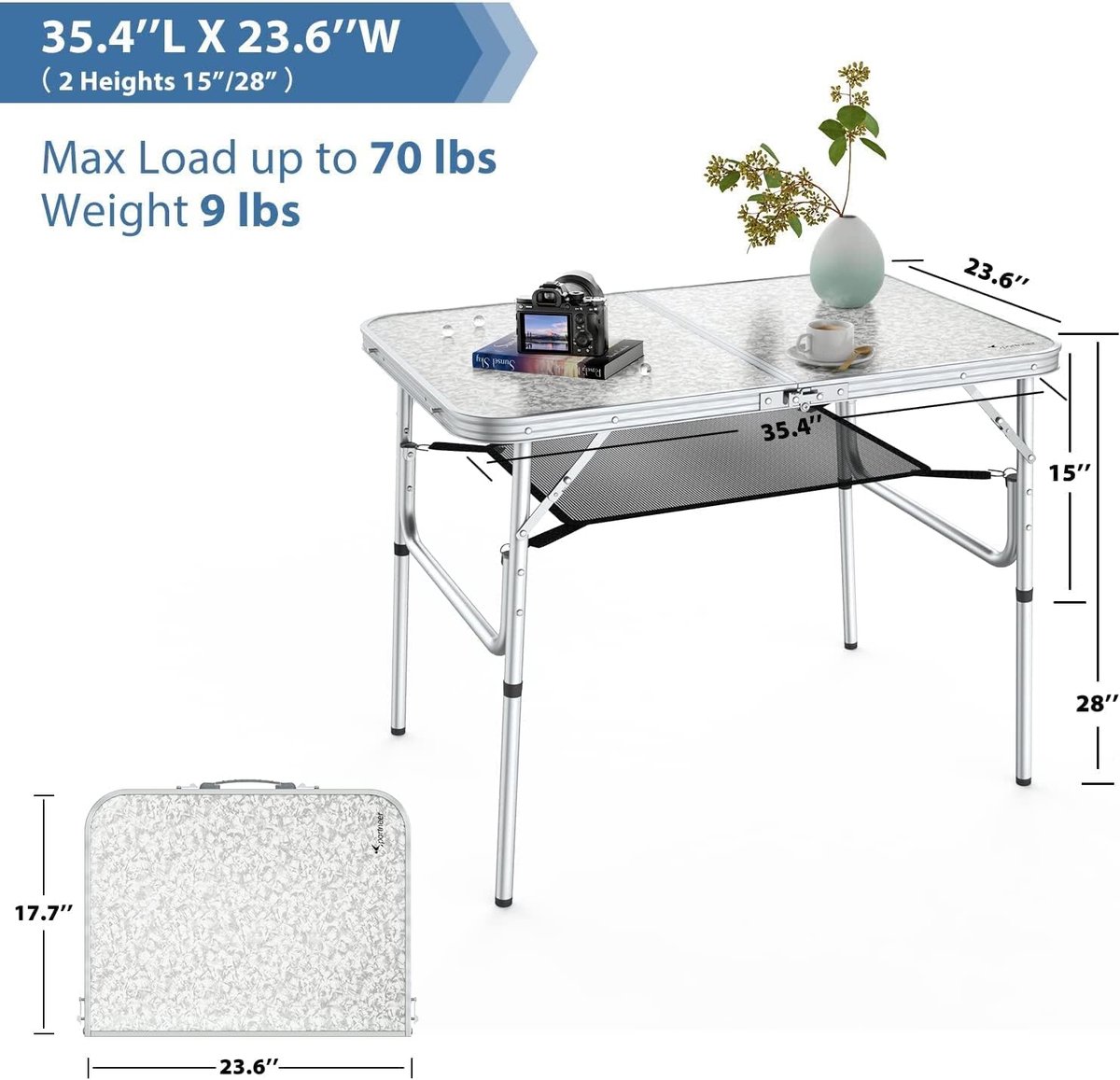 ECD Germany aluminium campingtafel klaptafel, in hoogte verstelbaar 120x60x54-70 cm, zwart