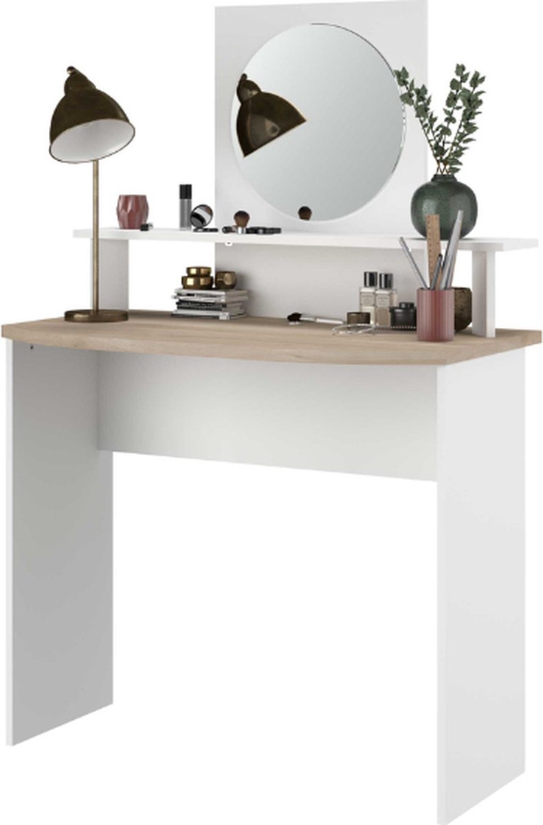 Make-uptafel Hardy-136cm-met Spiegel-wit/eik - Parisot - Make-up Tafel - Wit - Spaanplaat