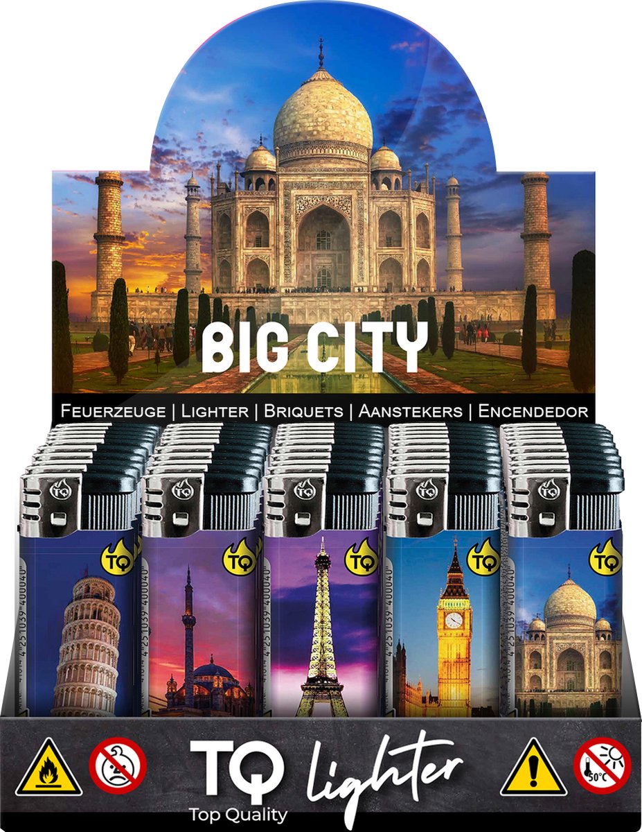 Goedkoopste Elektronische aansteker hervulbaar - Design BIG CITY - Display 50 stuks - wegwerpaansteker - electronic lighter - klik aanstekers