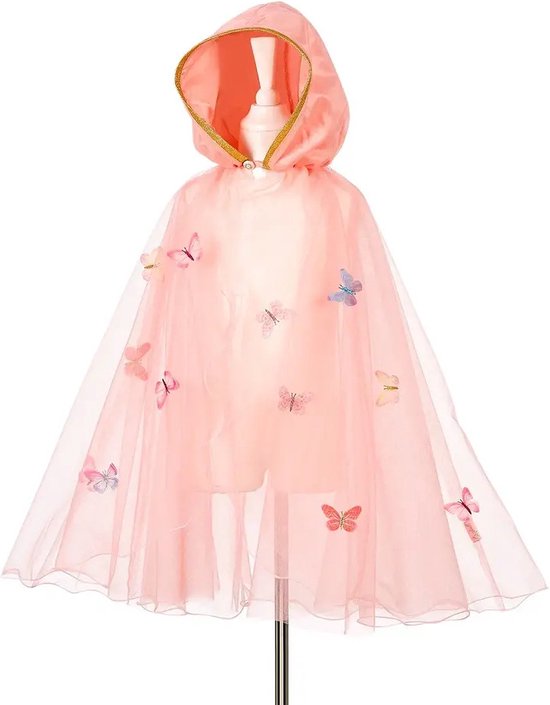 Roze tule cape met capuchon, versierd met veelkleurige vlinders en gouden rand.