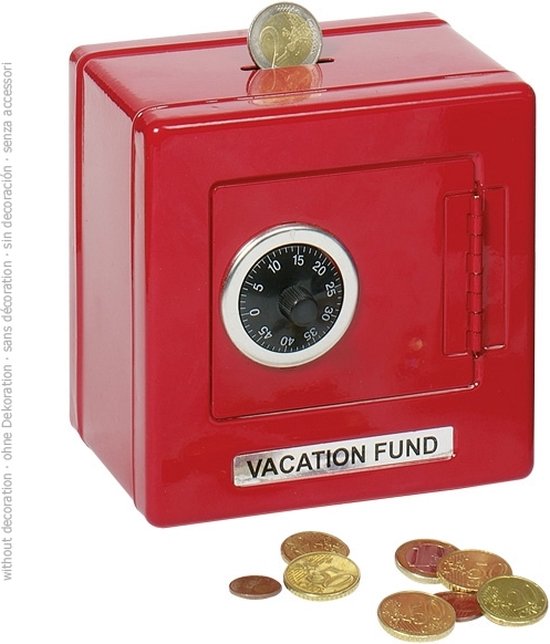 Tirelire rouge en forme de coffre-fort avec serrure à combinaison et inscription "VACATION FUND". Une pièce dépasse de la fente.