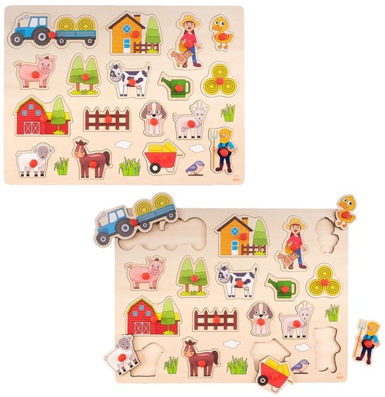 Twee houten knopjespuzzels met boerderijthema. Eén is compleet, de ander laat zien hoe de puzzelstukken er los uitzien.