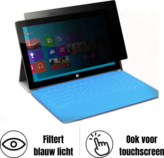 Zwart privacy filter op een tablet met blauw toetsenbord. Filtert blauw licht en is ook voor touchscreen.