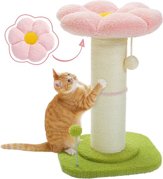 Oranje kat klimt op een roze bloemvormige krabpaal met sisaltouw en een groen tapijt.