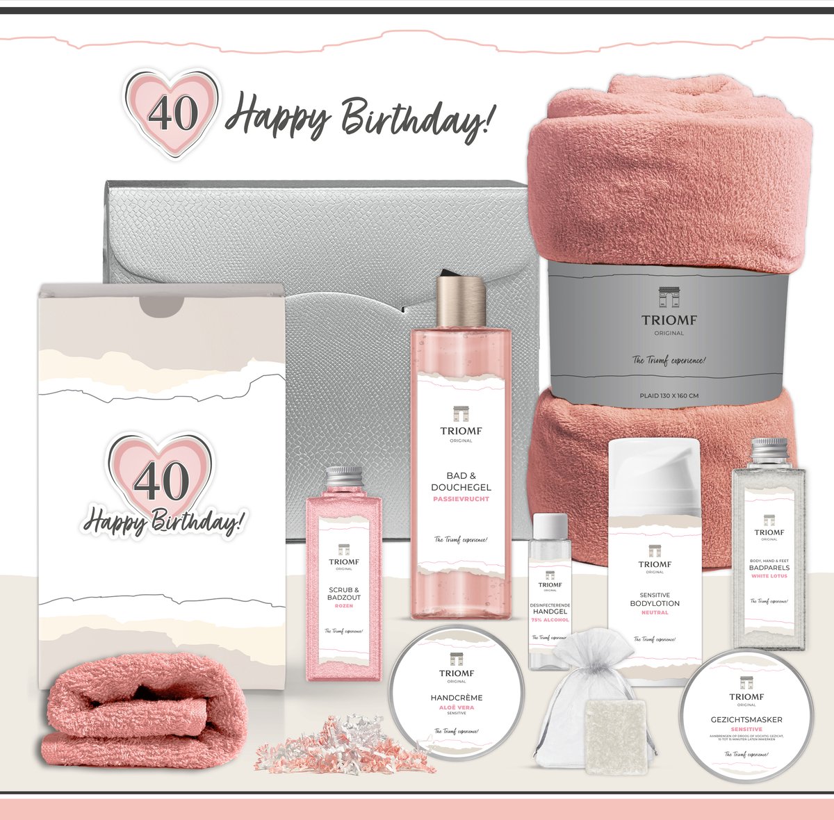 Goedkoopste Geschenkset “40 Jaar, Happy Birthday!” - 10 producten - 900 gram | Luxe Cadeaubox voor haar - Wellness Pakket Vrouw - Giftset deluxe - Cadeaupakket Veertig jaar - Verjaardag - Gefeliciteerd Cadeau - Sweet Forty Party - Gift Set - Fleece deken - Roze