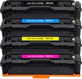 Stapel zwarte laser toner cartridges: W2210A (zwart), W2211A (blauw), W2212A (geel) en W2213A (roze).