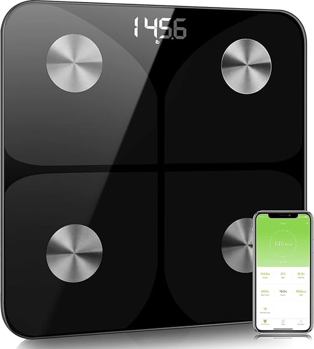 FORYORD Personenweegschaal impedantiemeter verbonden weegschaal personenweegschaal vetmassa water spiermassa BMI en MB (basismetabolisme) glas zwart