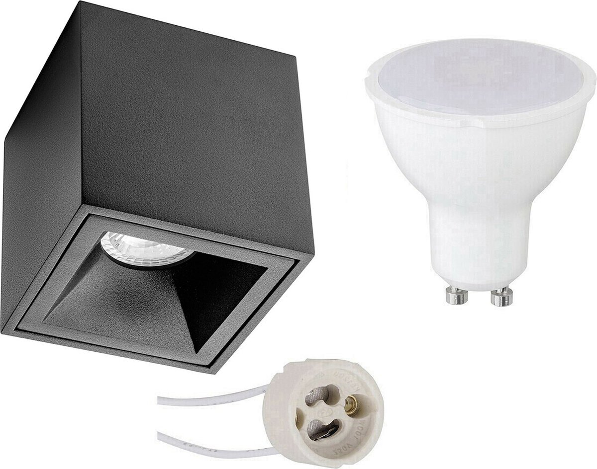 Opbouwspot Set - Pragmi Cliron Pro - GU10 Fitting - Opbouw Vierkant - Mat Zwart - 4W - Warm Wit 3000K - Verdiept - 90mm