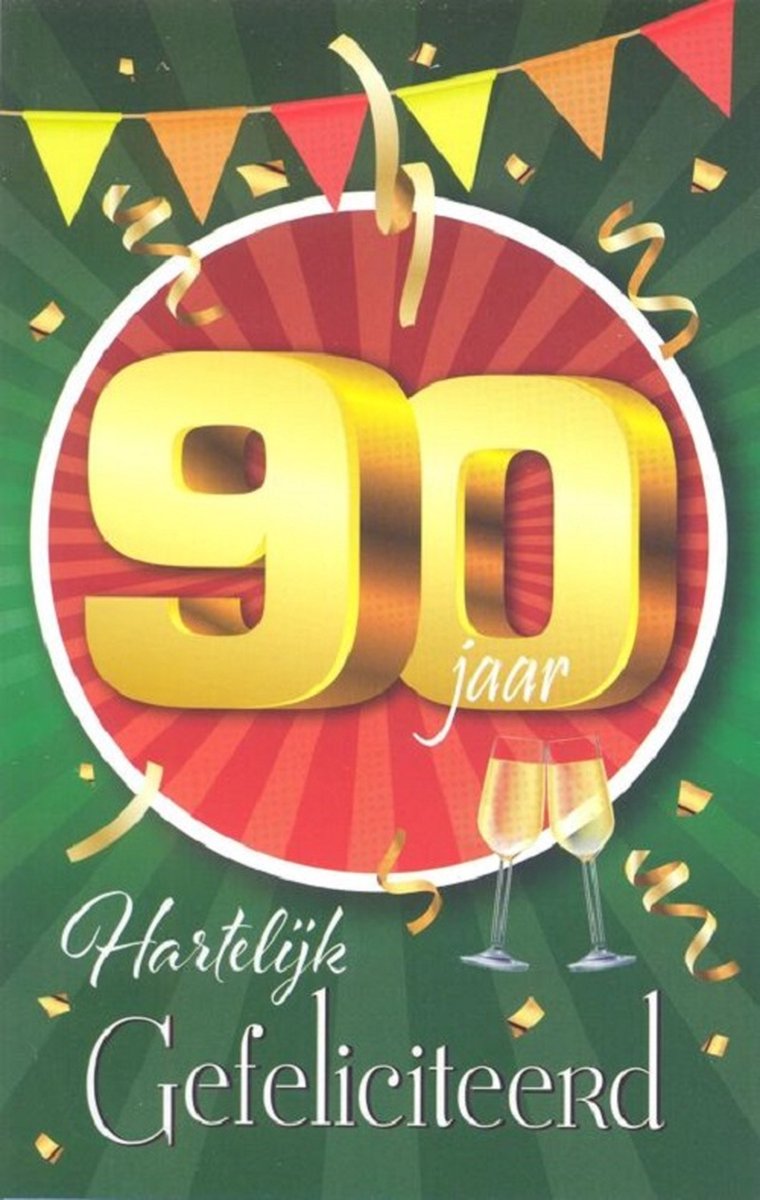 Wenskaart 90 Jaar Hartelijk Gefeliciteerd - D15836 - Luxe verjaardagskaart - 12x17cm - Gevouwen Wenskaart inclusief envelop - Leeftijdskaart