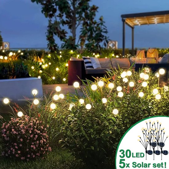 Boncy® Solar Tuinverlichting op Zonne Energie - Verbeterde Versie 5-Pack Waterdicht 30 LED Vuurvliegjes - Buiten Staand Prikspots Sfeerverlichting Buitenverlichting op Zonneenergie