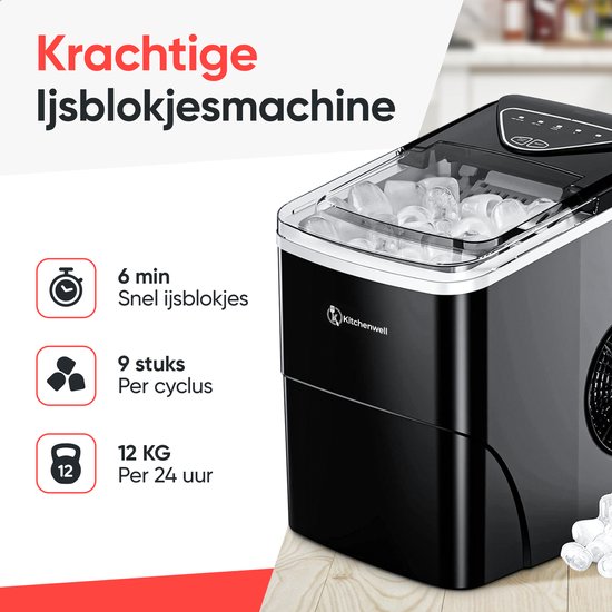 Kitchenwell IJsblokjesmachine - 2L - IJsblokjesmaker met IJsschep - 12kg/24 uur - Zelfreinigingsfunctie - Zwart van Kitchenwell — afbeelding 2