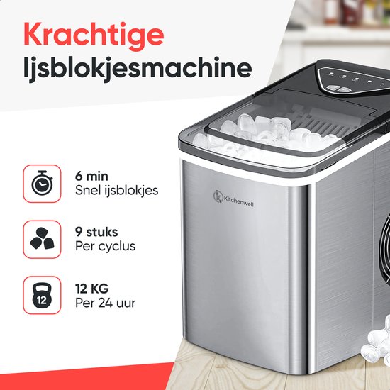 Kitchenwell IJsblokjesmachine - 2L - IJsblokjesmaker met IJsschep - 12kg/24 uur - Zelfreinigingsfunctie - Zilver van Kitchenwell — afbeelding 2