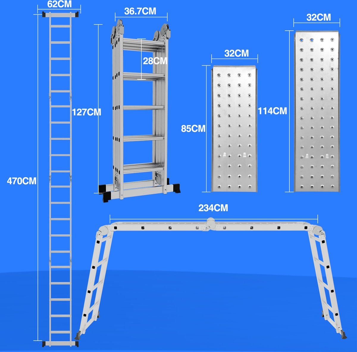 Vouwladder 4x4 Leunladder Aluminium Multifunctionele ladder Verlengladder – foto 2