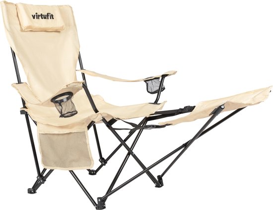 VirtuFit Opvouwbare Camping Stoel met Voetsteun - Strandstoel - Beige - Inclusief Draagtas, Bekerhouder en Opbergvak — afbeelding 2