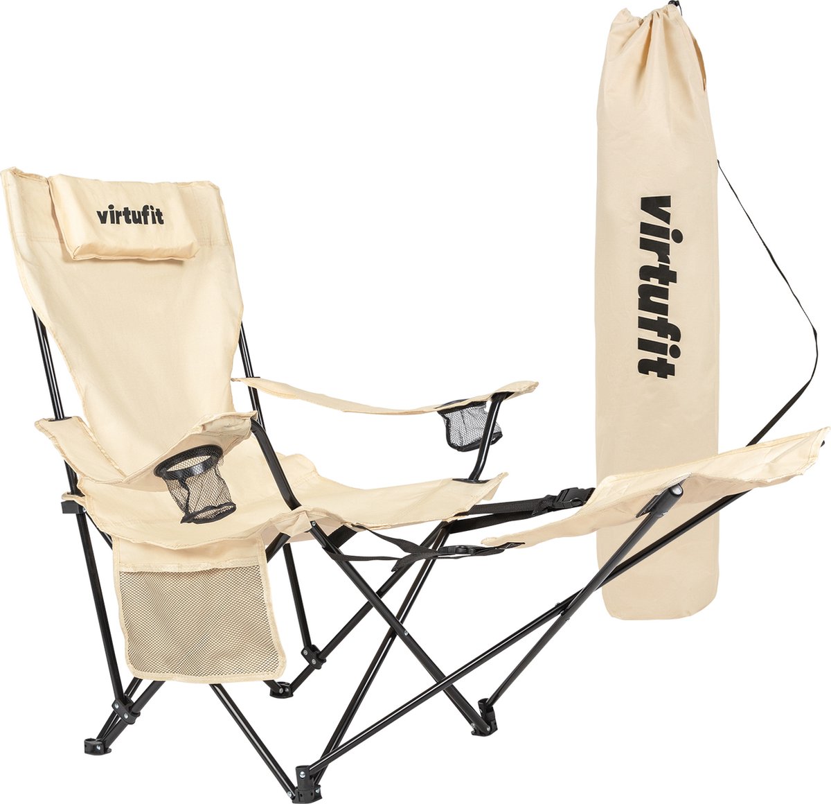 VirtuFit Opvouwbare Camping Stoel - Strandstoel - met voetsteun - Inclusief Draagtas - Geschikt voor Festivals Campings & Stranden - Inclusief armsteunen - Eenvoudig Meenemen en Opzetten - Beige
