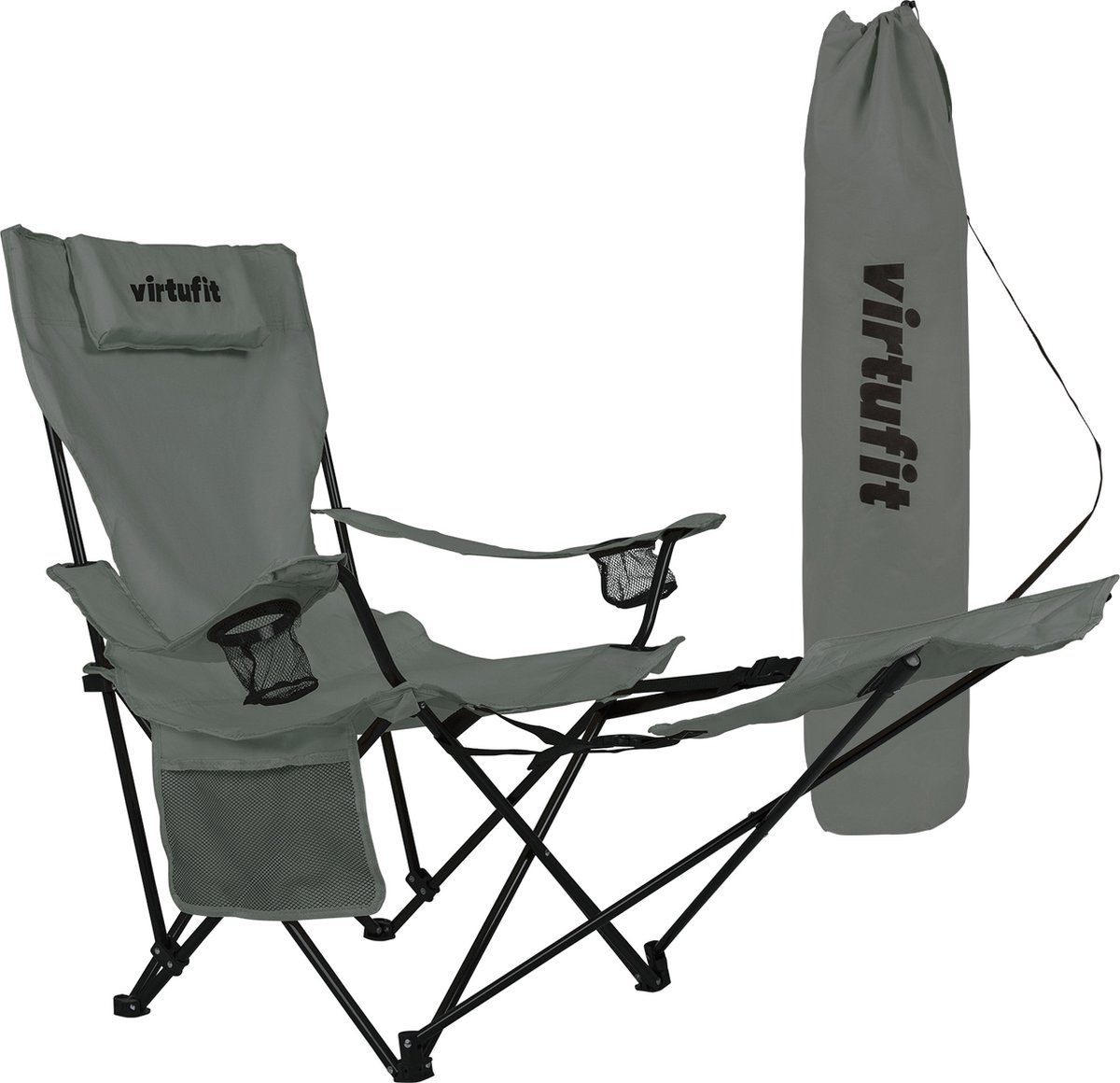 VirtuFit Opvouwbare Camping Stoel - Strandstoel - met voetsteun - Inclusief Draagtas - Geschikt voor Festivals Campings & Stranden - Inclusief armsteunen - Eenvoudig Meenemen en Opzetten - Grijs