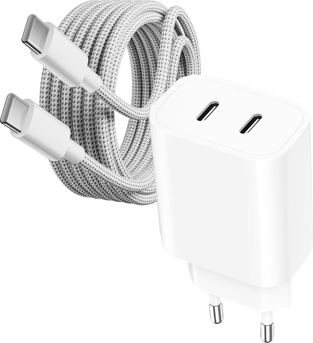 Usb C Lader 2 Poorten + Sterke usb-C Kabel - 3 Meter - 35w Snellader met usb-C naar usb-C Kabels - Oplader usbC