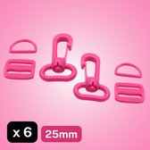 LOT DE 6 BOUCLES EN NYLON (2 FERMOIRS MOUSQUETONS + 2 BOUCLES COULISSANTES + 2 ANNEAUX EN D) - LARGEUR : 25 MM, Couleur FUCHSIA