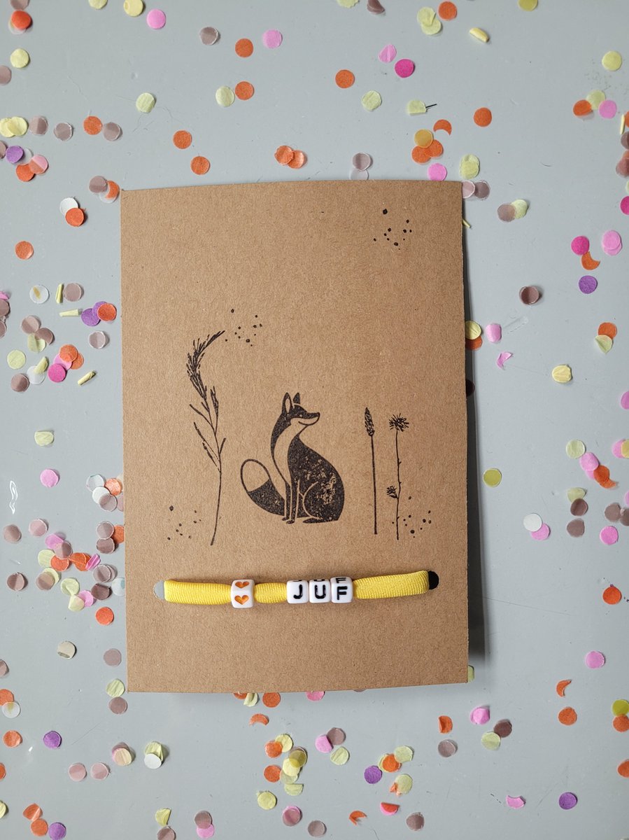 Goedkoopste juf - leerkracht - basisschool - onderwijs - armband - bedankje - bedankt juf - ibiza style - letterarmband - geel - hartje - vos