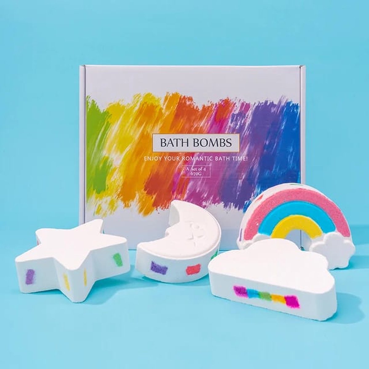 Goedkoopste Bruisballen - Regenboog Bruisballen - Met 4 verschillende Vormen - XL Formaat - Bath Bombs - Badbommen - Badballen - Vegan - Maan, Ster, Regenboog en Wolk - met Levendige Kleuren - Inclusief Cadeauverpakking
