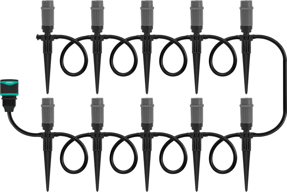 VONROC Irrigatiesysteem 3 sprinkler standen: sproeien druppelen & vernevelen modulair systeem incl. 15m slang 10x sproeikop 10x slanghouder & universele snelkoppeling