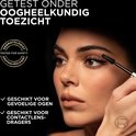 Model brengt mascara aan. Tekst: 'GETEST ONDER OOGHEELKUNDIG TOEZICHT' en een oogarts-zegel.